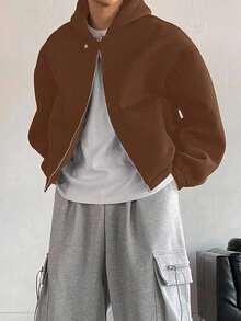 DAZY Men's Short Thick Hooded Sweatshirt Sweatshirt With Button Placket Design, Coffee Brown, Autumn/Winter - Coffee Brown - View 4