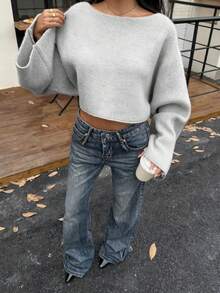 Lumivelle 2025新款时尚宽松休闲简约连体设计针织罩衫 - 淺灰色 - 查看 4