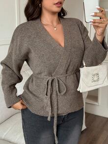 Dazy Plus Cardigan oversize da donna con orlo asimmetrico, scollo a V e laccio anteriore, maglia larga, adatto per autunno/inverno