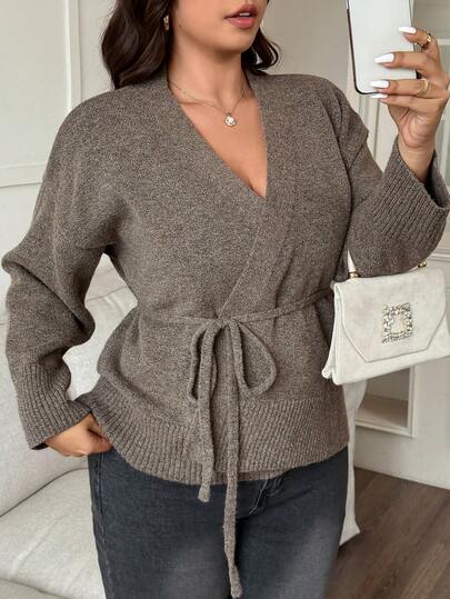 Dazy Plus Plus Size Women Asymmetrical Hem V-Neck Tie Front Loose Knit Cardigan, Autumn/Winter
