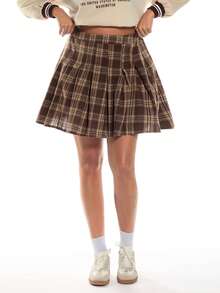 Solavibe Plus Size Vintage Plaid Pleated A-Line Skirt - Brown - View 1
