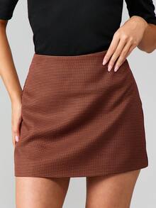 MISSGUIDED 高腰千鸟格迷你裙棕黑色A字办公室专业秋冬商务休闲迷你裙 - 彩色 - 查看 6