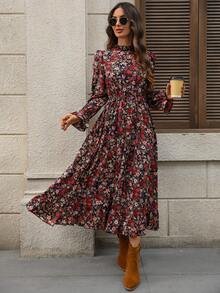 EMERY ROSE 女式休闲碎花荷叶边下摆束腰长裙，秋季