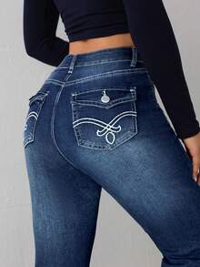 SHEIN Tall Women's Jeans Skinny Stretch Flared Pants Black Skinny Trousers High Waist Leggings Winter Women Pants Tall Women Pants Flared Women Pants Pants Jeans Women Jeans Black Jeans Flare Leggings Winter Women Clothes - Dark Wash - View 2