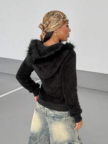 StreetHx Giacca aderente con cappuccio e colletto in pelliccia nera da donna - nero - Visualizzare 2