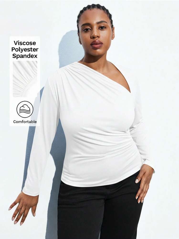 SHEIN Maija Plus Size Women Asymmetric Ruched Neck Long Sleeve T-Shirt, Fitted Casual/Business Wear, Suitable For Christmas, New Year Party