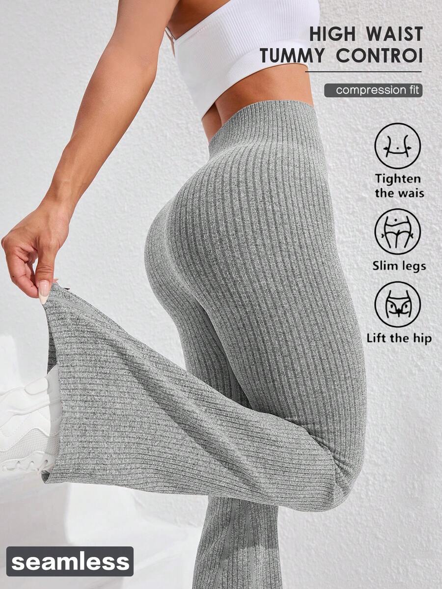 Gameset SHEIN Sport 女士纯色简约休闲无缝运动瑜伽紧身裤 - 炭灰 - 查看 1