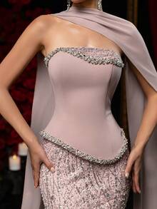 Glamrae Elegant Luxurious Diamond Pearl Sequin Floral Mesh Patchwork Stretch Knit Mermaid Skirt With Hanging Chiffon Flounce, Suitable For Wedding, Party, Prom, Vacation, Ball Gown - Dusty Pink - View 3