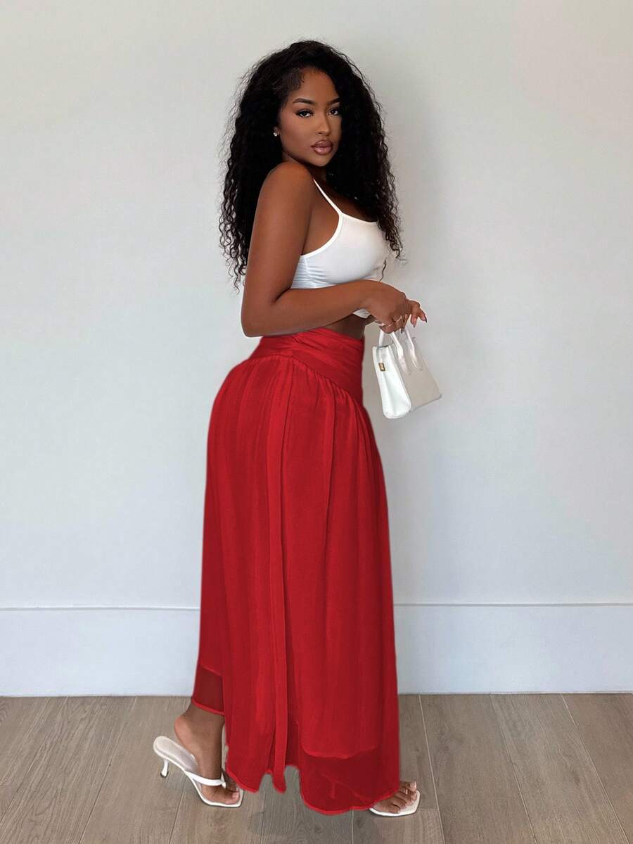 Alexandranx Váy xòe chữ A màu trắng thanh lịch tối giản cho nữ, váy đi biển, đi nghỉ, mặc thường ngày - Đỏ - Xem 1