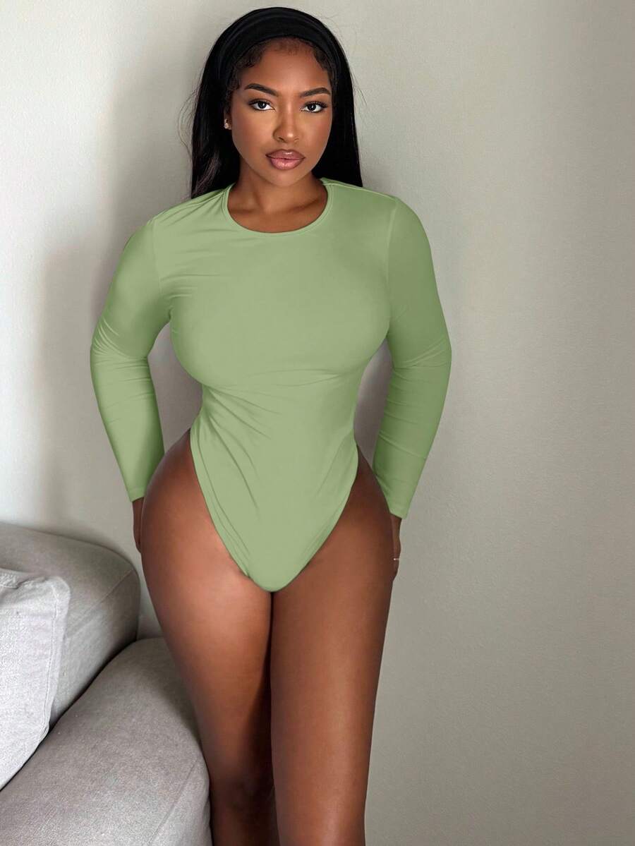 Alexandranx Solid Slim Fit Spring Women Bodysuit - Mint Green - View 1