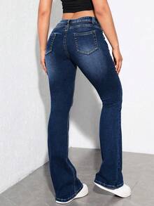 Jeanoix 大码女式弹力喇叭牛仔裤，四季皆宜 - 深色水洗藍 - 查看 2