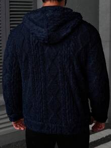 Manfinity CasualCool Men's Zip Front Drawstring Hooded Fleece Long Sleeve Jacket, Autumn/Winter Navy Blue Outerwear Men Sweater Jacket Woolen Jacket Men Navy Blue Jacket - Navy Blue - View 2