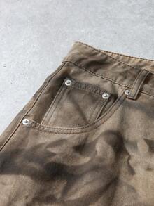 Manfinity Denimwave Men's Tie-Dye Pocket Loose Fit Casual Flare Leg Jeans Loose Wide Leg COUPLE Regular Washed Camouflage Thrashed Denim For Y2K - Coffee Brown - View 6