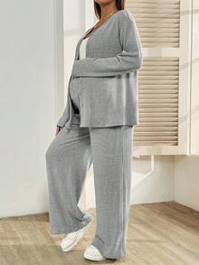 SHEIN 2pcs Maternity Set: Solid Color Drop Shoulder Long Sleeve Button-Up Top And Adjustable Waist Pants, Casual - Grey - View 7