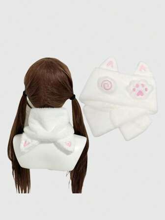 1pc Cute Kawaii Soft Plush Cat Ear Fashion Simple White Scarf, Suitable For Anime, Campus, Casual Wear