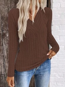 SHEIN LUNE LUNE V领拉绒罗纹女上衣，跨境电商秋冬新品 - 棕色 - 查看 3