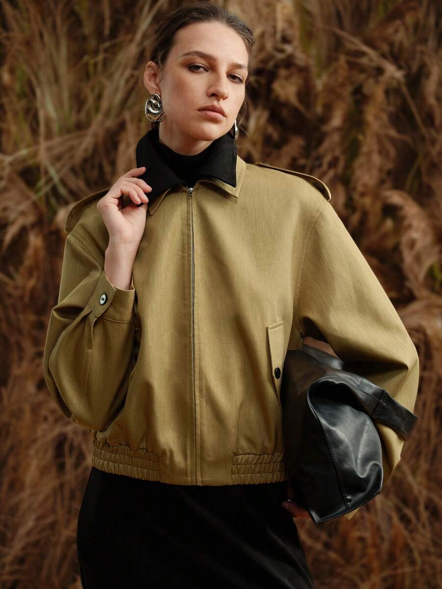 EMERY ROSE Women's Twill Fabric Drop Shoulder Lapel Contrast Color Double Layer Collar Removable Daily Commuter Jacket Winter Clothes Winter Jacket For Women - Khaki - View 1