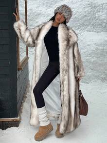 SHEIN EZwear 女士新款白色长款仿毛领外套，冬季 - 白色 - 查看 6