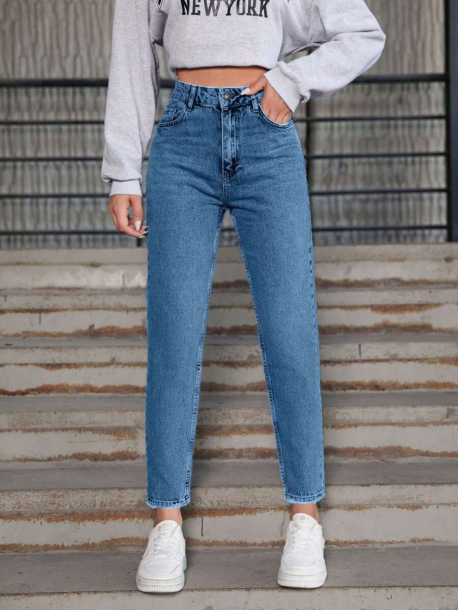 EURMUSE 女式高腰锥形休闲百搭牛仔裤 - 淺藍色 - 查看 1