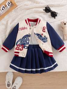 SHEIN Baby Girl Casual Color Block Letter Print Jacket And Pleated Skirt Set, Autumn/Spring - Navy Blue - View 4
