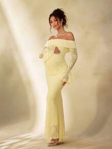 Cheriluna Maternity Maternity Photography Dress, Lace Dress/Elegant Dresses For Party, Yellow Dress For New Year, Winter Dress - Yellow - View 4