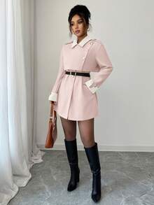 Selianne Elegant Luxury Fashion Thick Women's Contrast Color Lapel Long Sleeve Button Design Overcoat - Pink - View 7