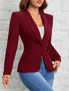 SHEIN PETITE Trang phục thu đông trơn màu dành cho nữ, thích hợp để đi làm. Áo khoác vest một nút, Giáng sinh cho nữ, năm mới, thu/đông - Màu Đỏ Sâu - Xem 3