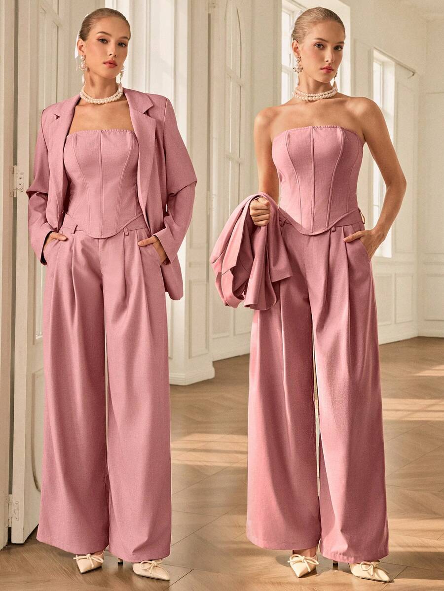 Aveloria Rosie Retro European Style Commuter Fashion Versatile Herringbone 3 PiecesSuit Set - Pink - View 1