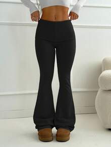 SHEIN PETITE 杏色紧腰喇叭裤，简约通勤，家居，休闲装年轻女士针织裤 - 黑色 - 查看 5