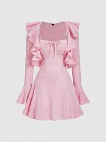 SHEIN MOD Ensemble 2 pièces pour femmes composé d'un Top à manches évasées volantées de couleur unie et d'une robe à bretelles spaghetti - Rose bonbon - Voir 6