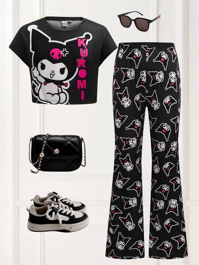 HELLO KITTY AND FRIENDS | SHEIN Tween Girl 休闲街头风格卡通字母印花短袖 T 恤和喇叭裤套装，春夏秋