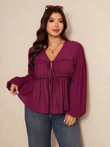 Elaquor 大码优雅简约荷叶边V领修身女式衬衫，四季皆宜 - 酒紅色 - 查看 6