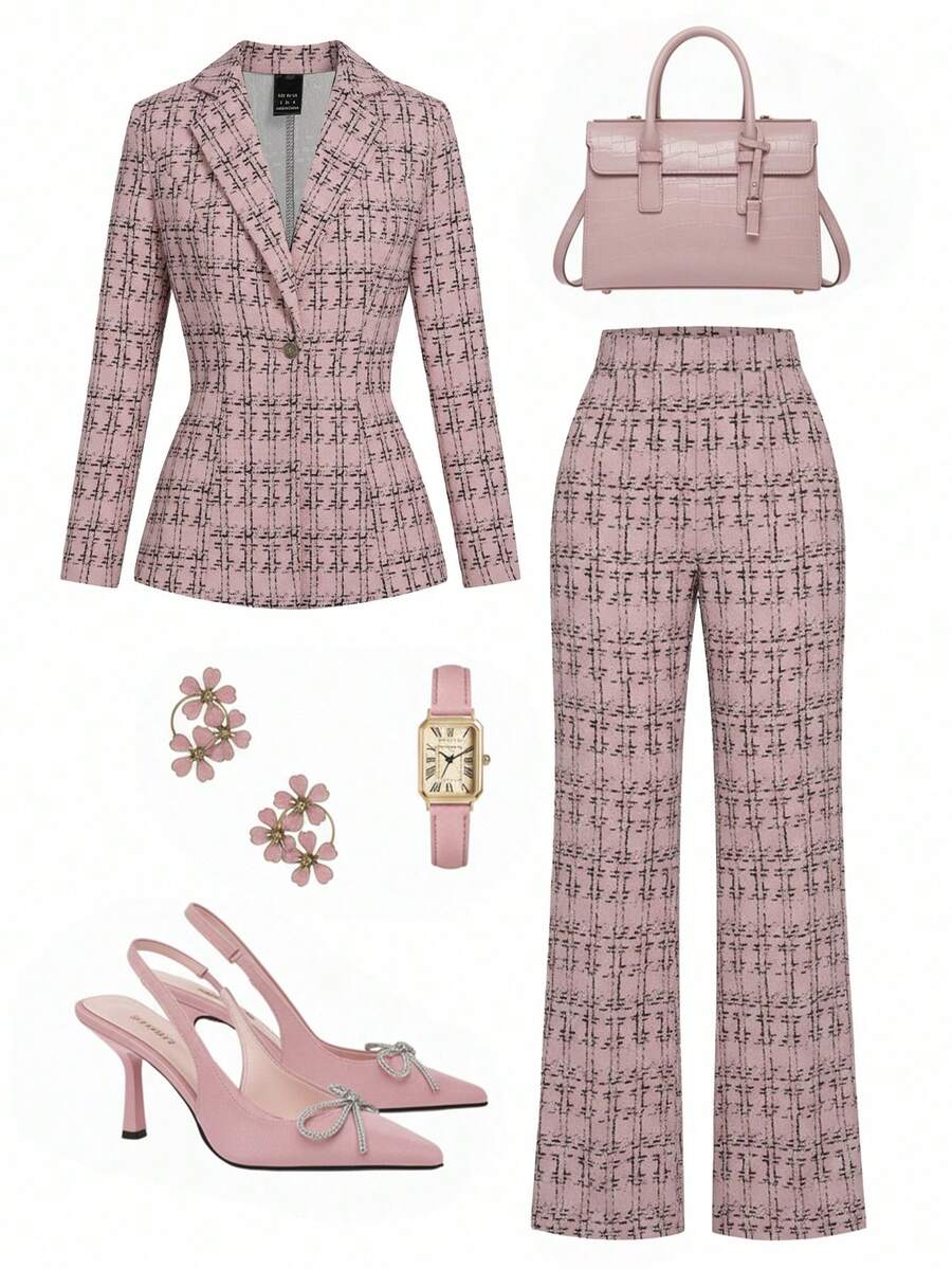 Ellevyn Women's Elegant Plaid Lapel Neck Long Sleeve Jacket And Pants Suit, Graceful For Party And Evening Wear, Autumn/Winter Fall Women Clothes Office Outfits For Women - Pink - View 1