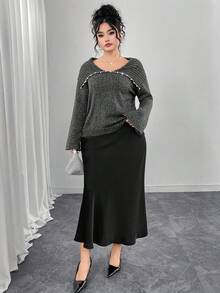 Modelyn Plus Size Elegant Pearl Embellished Flare Sleeve Sweater, Autumn/Winter - Dark Grey - View 3