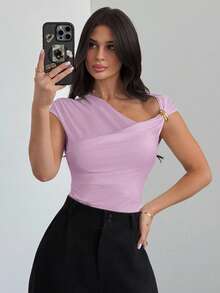 Firerie Women's Asymmetric Shoulder Wrap Ruched Waist Tight Fit T-Shirt, Elegant Modest Daily Commute, Spring/Summer