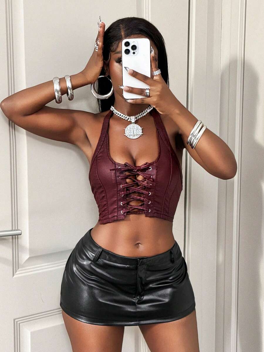 BamGleam Women's Solid Color PU Leather Backless Sexy Halter Neck Red Top,Christmas - Burgundy - View 1