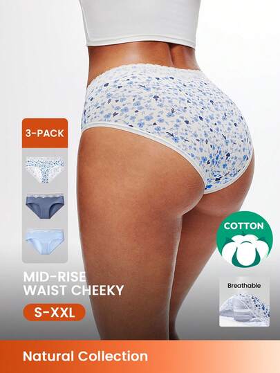 LUVLETTE paquete de 3 bragas de cintura media con estampado floral y encaje, de algodón suave