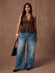 Rustia Plus Size Women Wide Strap Halter Neck Ruffle Hem Cinched Waist Casual Tank Top, Suitable For Work And Daily Wear Casual