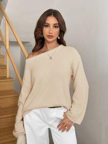 Easowa Áo len dài tay dáng rộng, bất đối xứng vai dành cho nữ, hoàn hảo cho ngày Valentine hoặc kỳ nghỉ biển. - Màu be - Xem 6