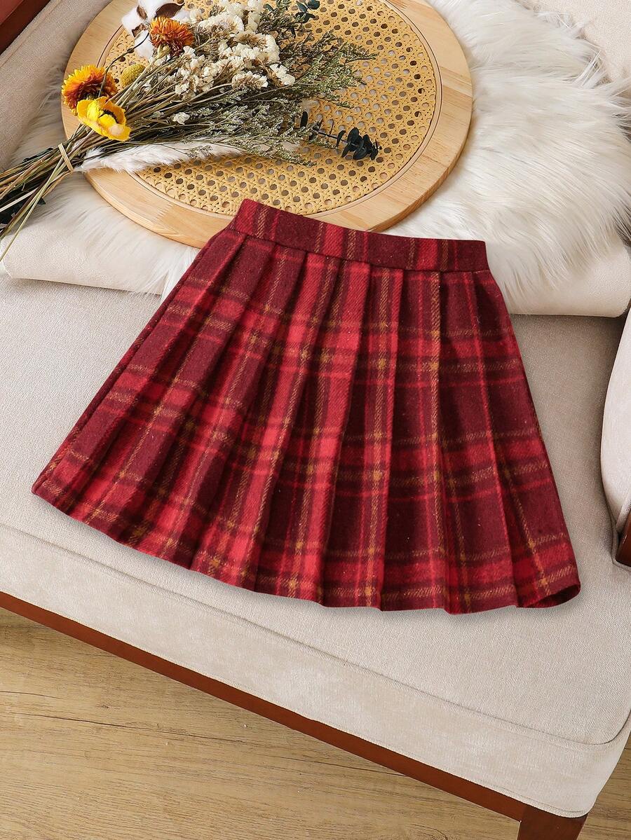 Genkimix Kids Young Girls Elegant Versatile Wool Blend Pleated Plaid Skirt, Suitable For Various Outfits, Autumn/Winter - Burgundy - View 1