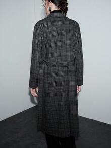 Lumivelle 女士冬季外套，弧形领饰，格子羊毛面料，双排扣，长款 - 灰色 - 查看 2