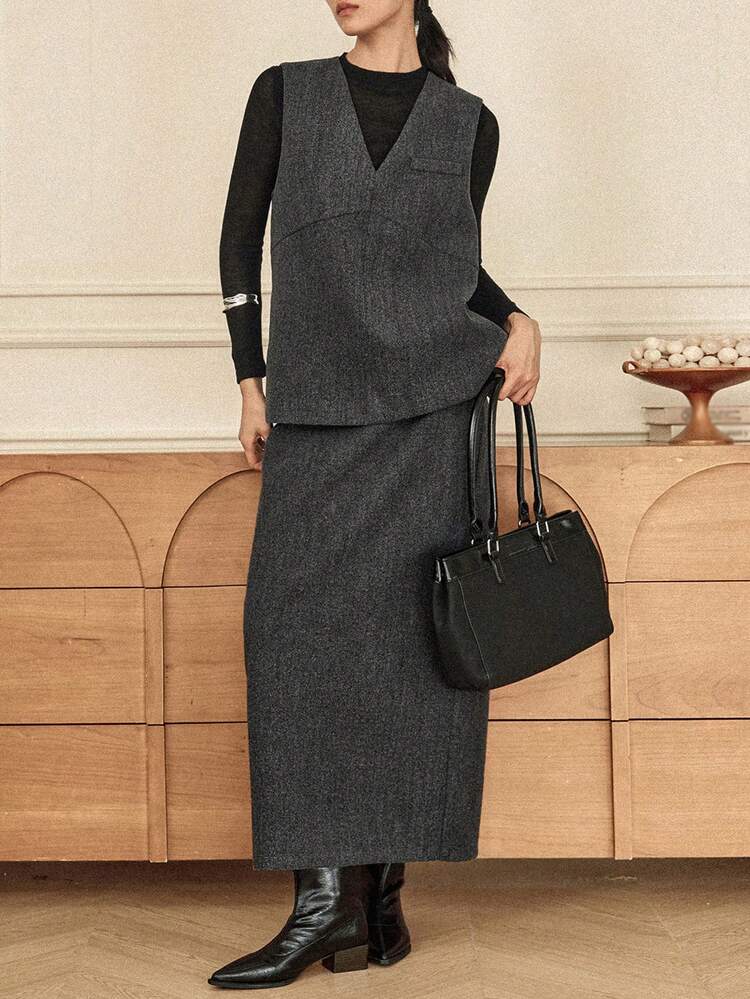 Women's Autumn/Winter Loose Casual Business Office Commute Vest & Straight Skirt 2 Pieces Set, Fashionable & Elegant