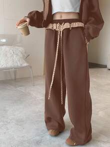 DAZY 女士落肩拉链连帽衫和阔腿裤休闲两件套运动服套装，女士家居服套装 - 咖啡棕 - 查看 5