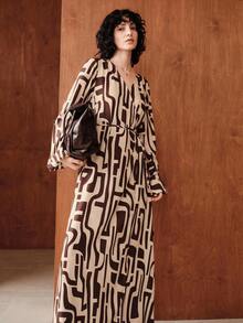 Zovinel 女式简约几何印花长袖连衣裙 - 棕色 - 查看 7