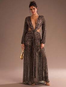 SHEIN Glamour 性感豹纹 V 领露背透视长袖超长连衣裙、舞会礼服、狂欢节礼服、秋季服装、音乐会礼服、约会晚礼服、女士生日礼服、俱乐部礼服、万圣节礼服、派对必备、街头服饰 - 彩色 - 查看 7