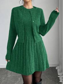 Elenzga Women's Fashion Casual Solid Color Sweater Dress 2 Pieces Set - Green - View 4
