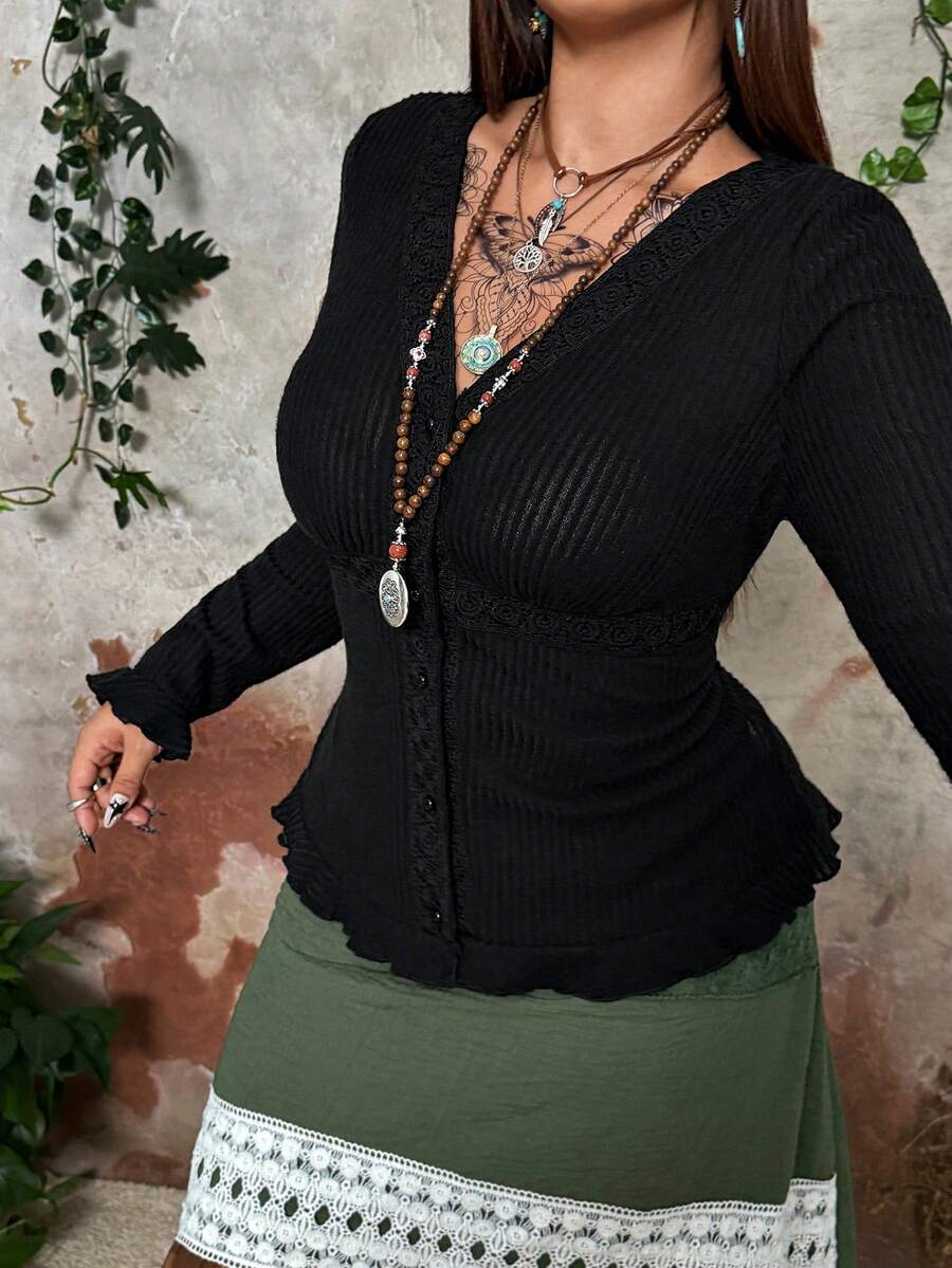 SHEIN Whyspr 大码纯色简约V领长袖深色风格T恤 - 黑色 - 查看 1