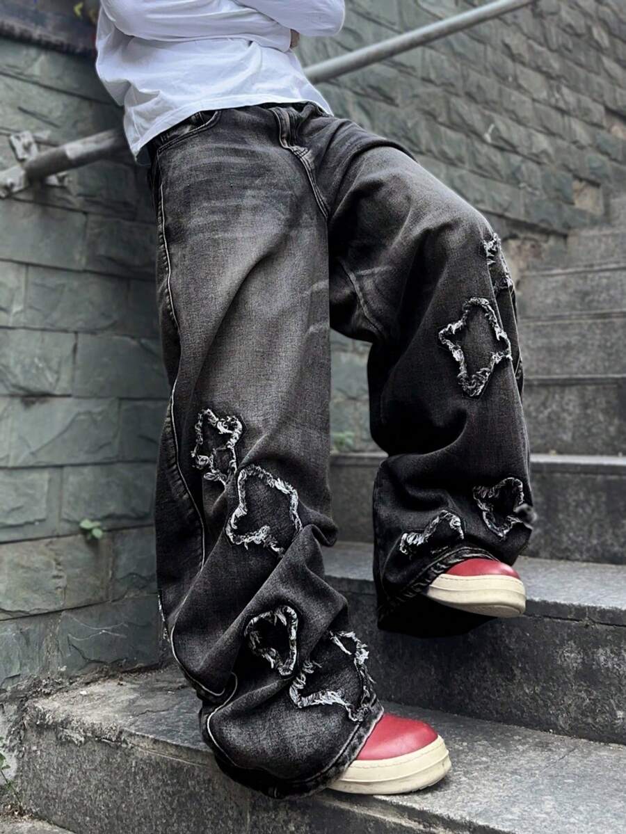 PAVTROS Men's Loose Fit Distressed Pocket Flare Leg Jeans Streetwear - Grey - View 1