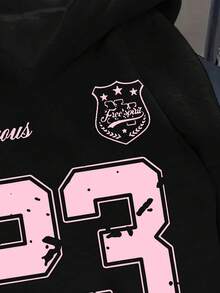 SHEIN Leap Crew 少女休闲简约运动风返校学院风字母数字23徽章印花卫衣，宽松舒适，适合秋冬季节，黑粉色