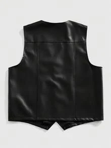 ROMWE MEN Street Life 男士纯色简约无袖休闲街头皮革背心 - 黑色 - 查看 2